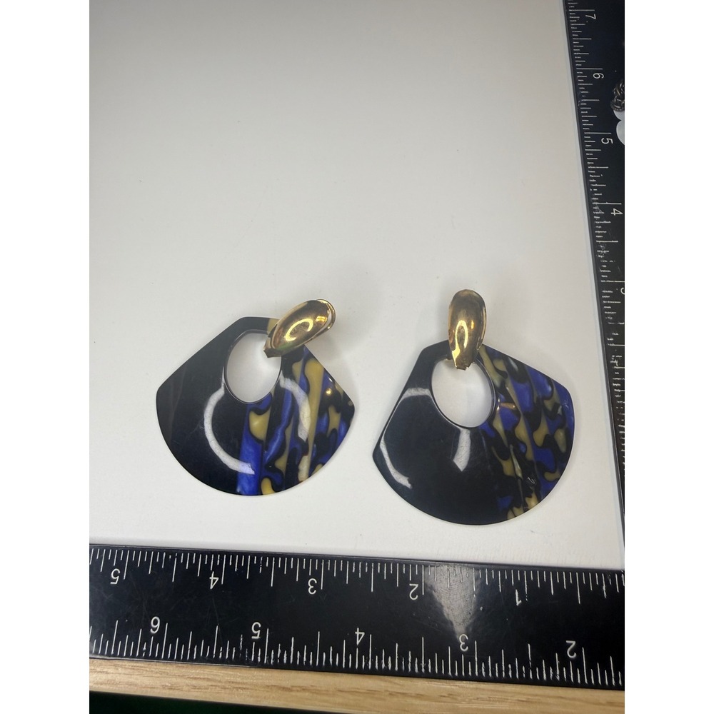 Vintage 80s Abstract Blue Yellow Black Acrylic Geometric Clip On Earrings